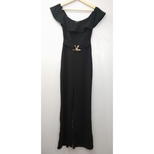 Honey Peach Women's Small Black Jumpsuit Gold Buckle Tiered Sexy Wide Leg